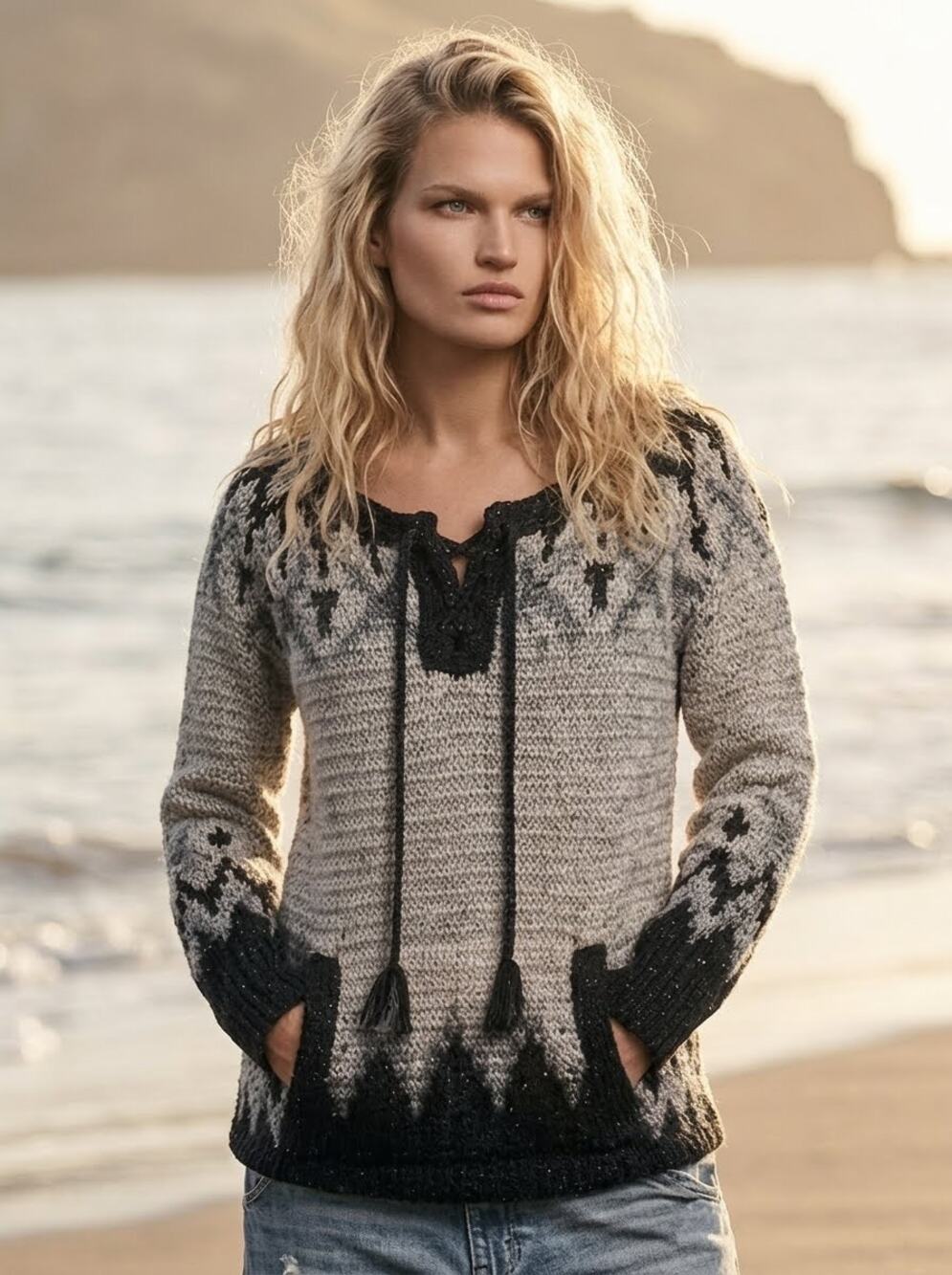 Free People Medium Love Bug Lace-Up Nordic Fair Isle Pullover Sweater Boho